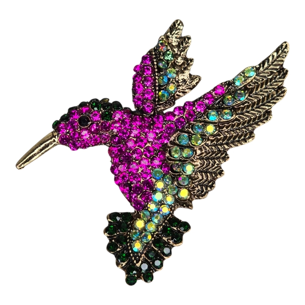 Hummingbird Rhinestone Brooch Pin Bird Animal Colorful Pink Gold Spring Sparkly